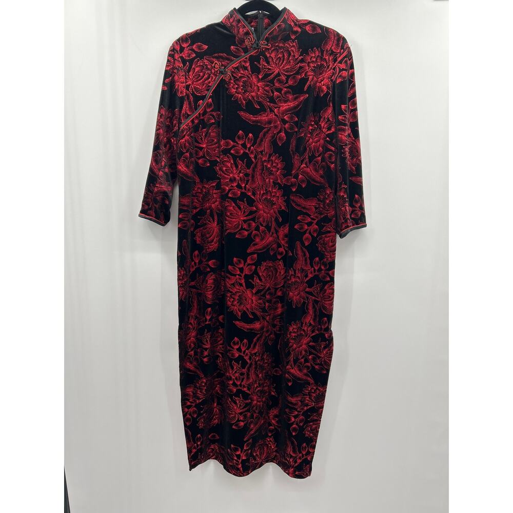 Laogudai Red Black Velvet Floral Asian Inspired Maxi Dress Side Slits Zip Back
